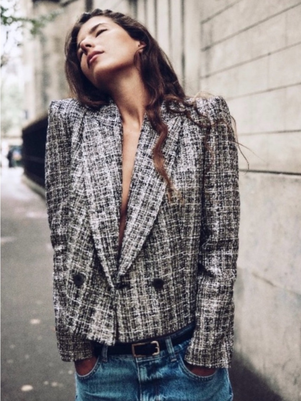 NWT Zara Checkered Lapel Collar Double Breasted Buttoned Cropped Blazer